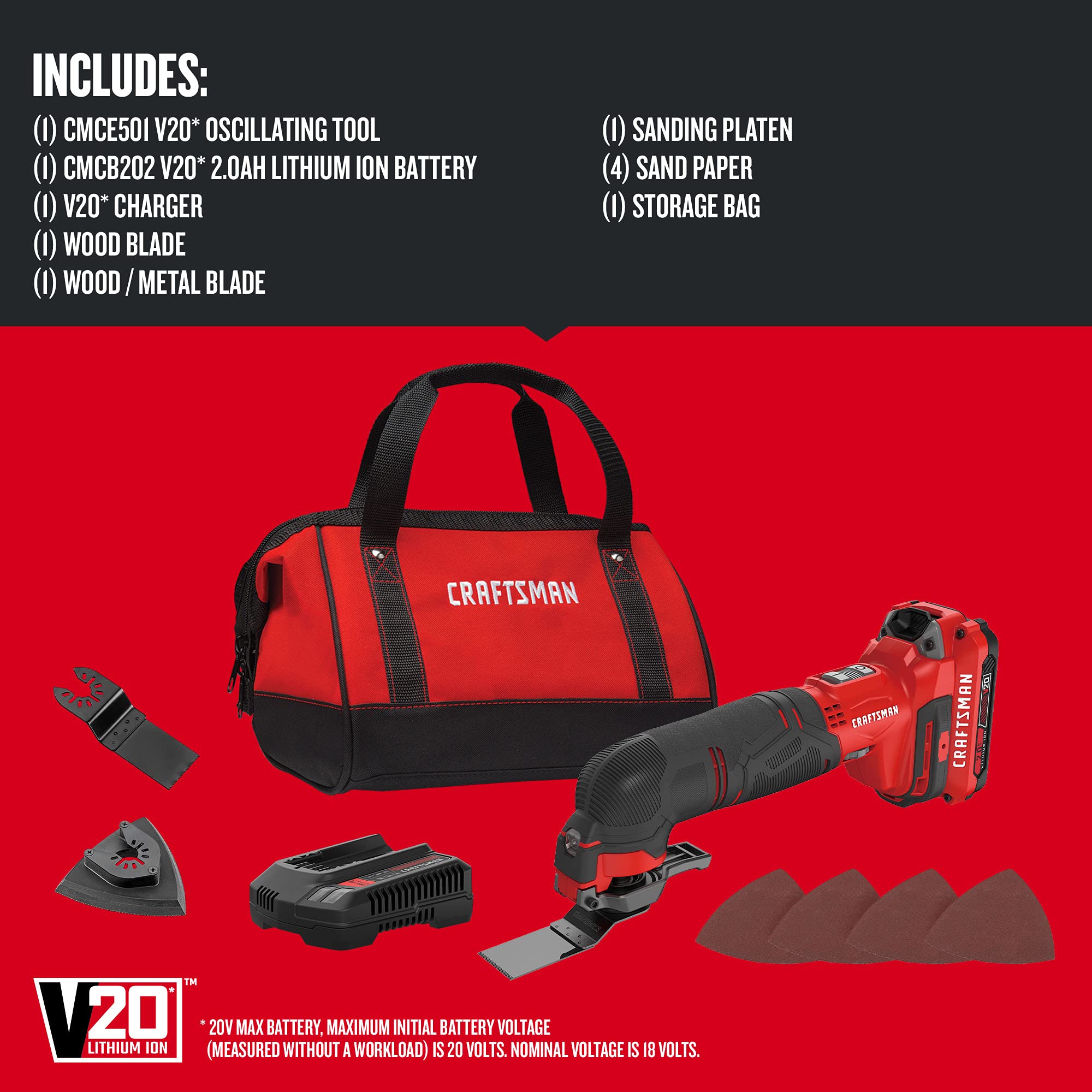 CRAFTSMAN V20 Cordless Oscillating Tool Kit Multi-Tool with Blades, Sand Paper, Battery and Charger Included (CMCE501D1)