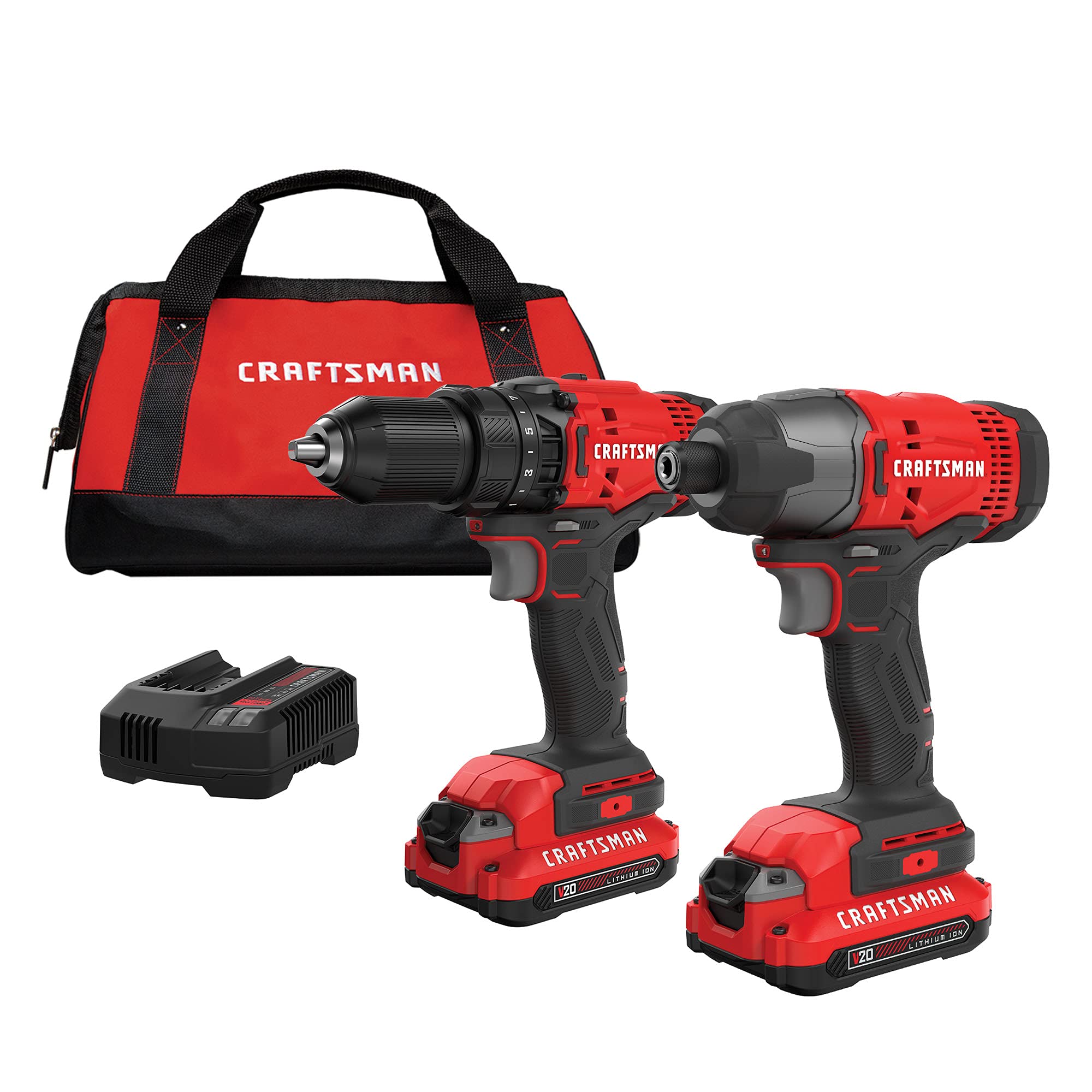 CRAFTSMAN V20 MAX Cordless Drill Driver and Impact Driver Set, Power Tool Set with 2 Batteries and Charger, LED Work Light, 2 Bits, Bag (CMCK200C2)