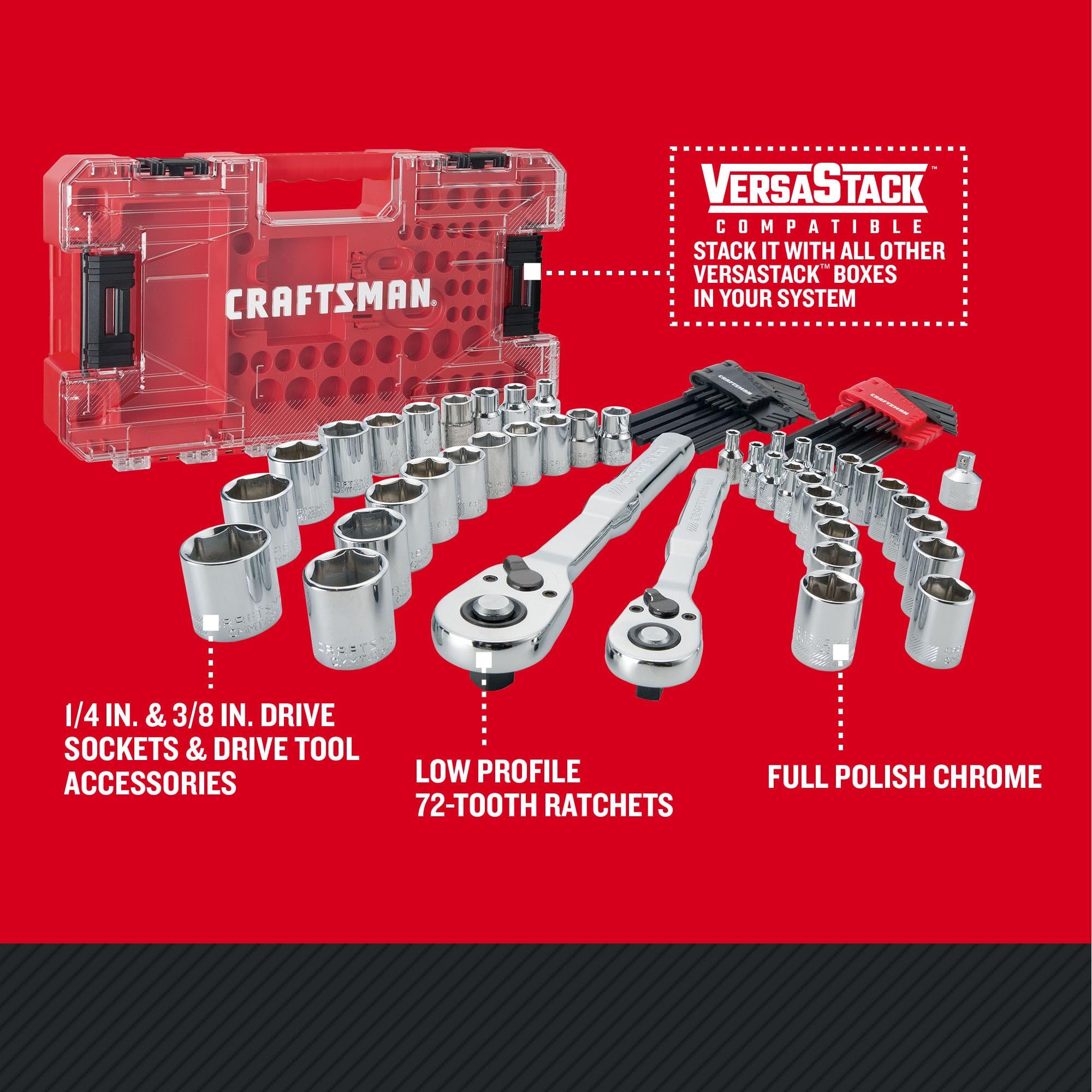 CRAFTSMAN Versastack Mechanics Tool Set, 1/4 and 3/8 Inch Drive, 71 Piece (CMMT45171)