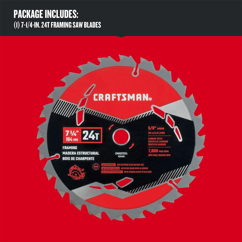 CRAFTSMAN 7-1/4 Inch 24T Carbide Circular Saw Blade for Framing (CMAS372524)