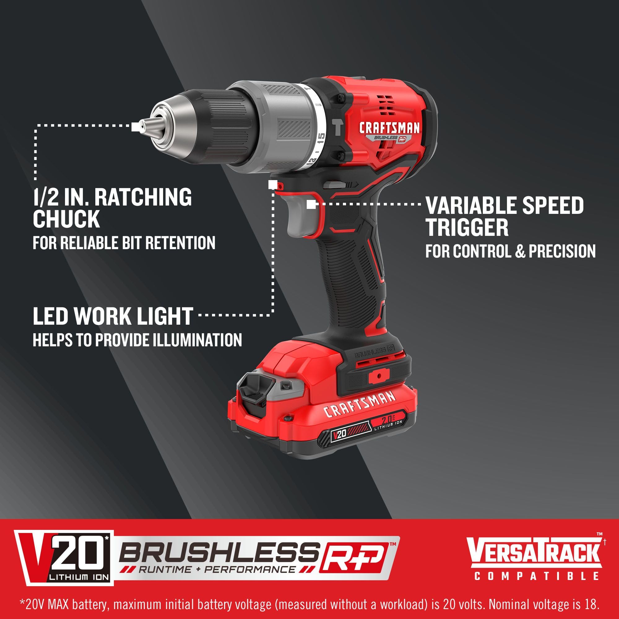 218-craftsman-v20-cordless-hammer-drill-kit-1-2-inch-2-batteries-and-charger-included-cmcd732d2-5.jpg CRAFTSMAN V20 Cordless Hammer Drill Kit, 1/2 inch, 2 Batteries and Charger Included (CMCD732D2)