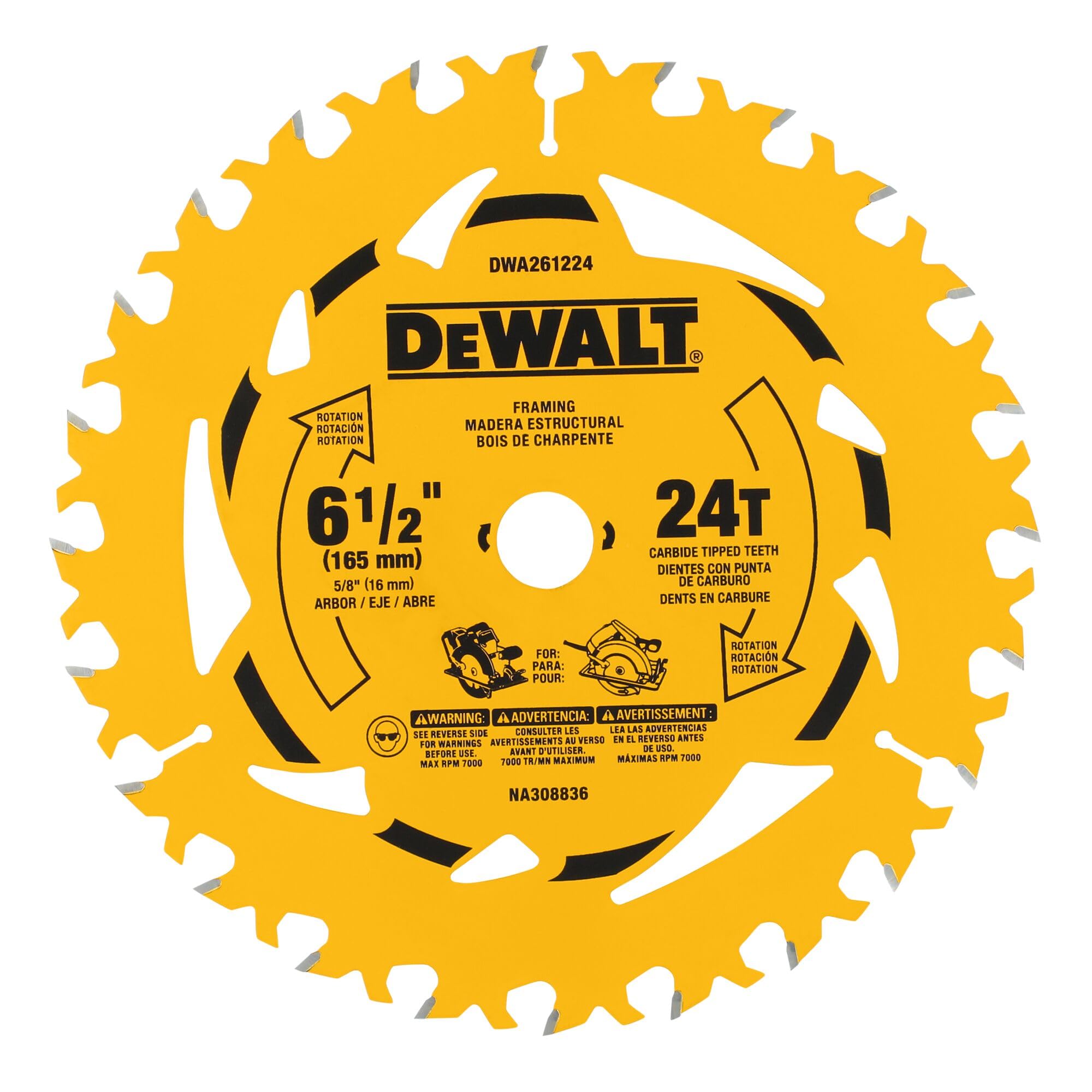 DEWALT 6-1/2 in. 24T Circular Saw Blade, Smooth Cutting, Superior Tracking and Durability (DWA261224)