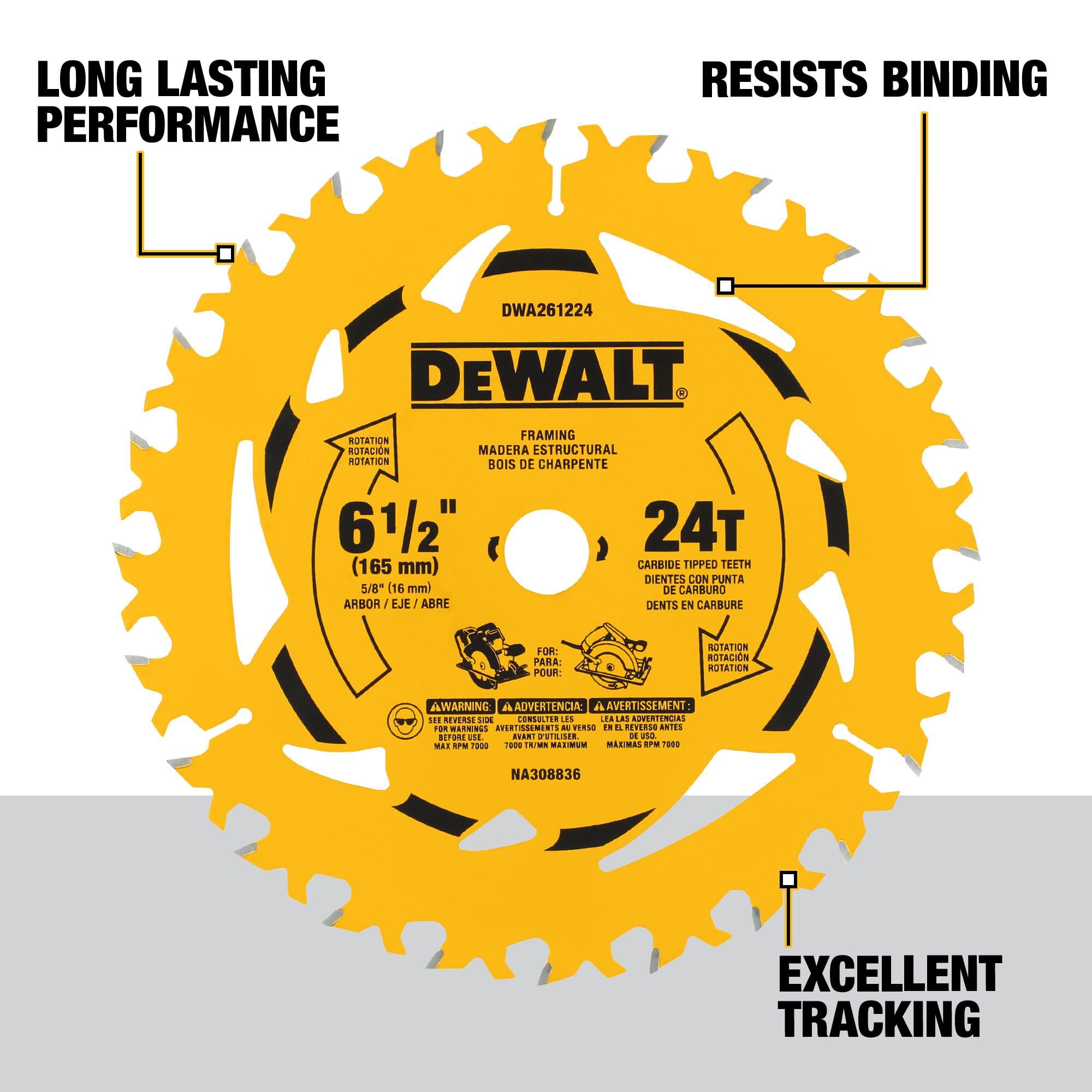 DEWALT 6-1/2 in. 24T Circular Saw Blade, Smooth Cutting, Superior Tracking and Durability (DWA261224)