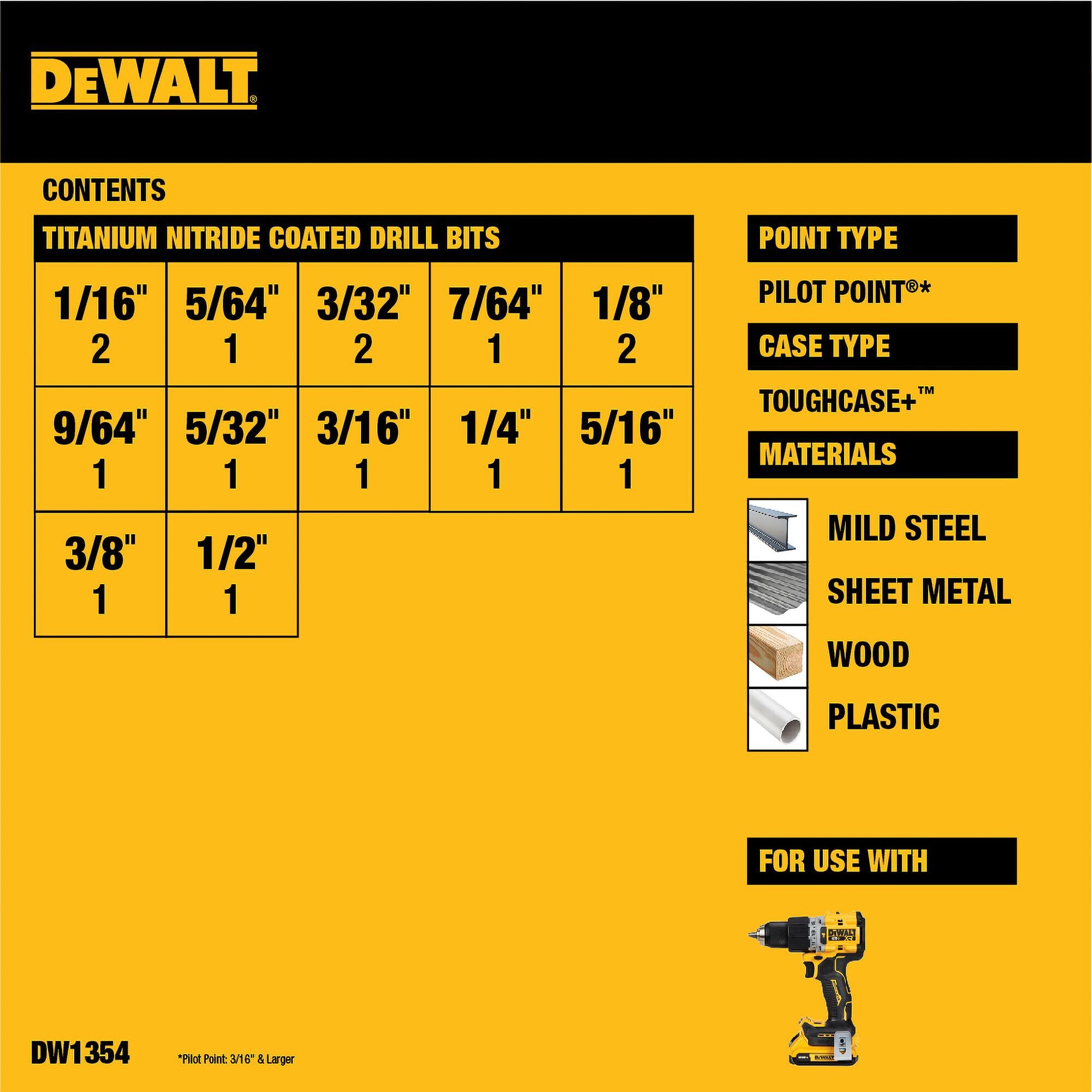 DEWALT Drill Bit Set, Titanium Nitride Coated, 14-Piece (DW1354)