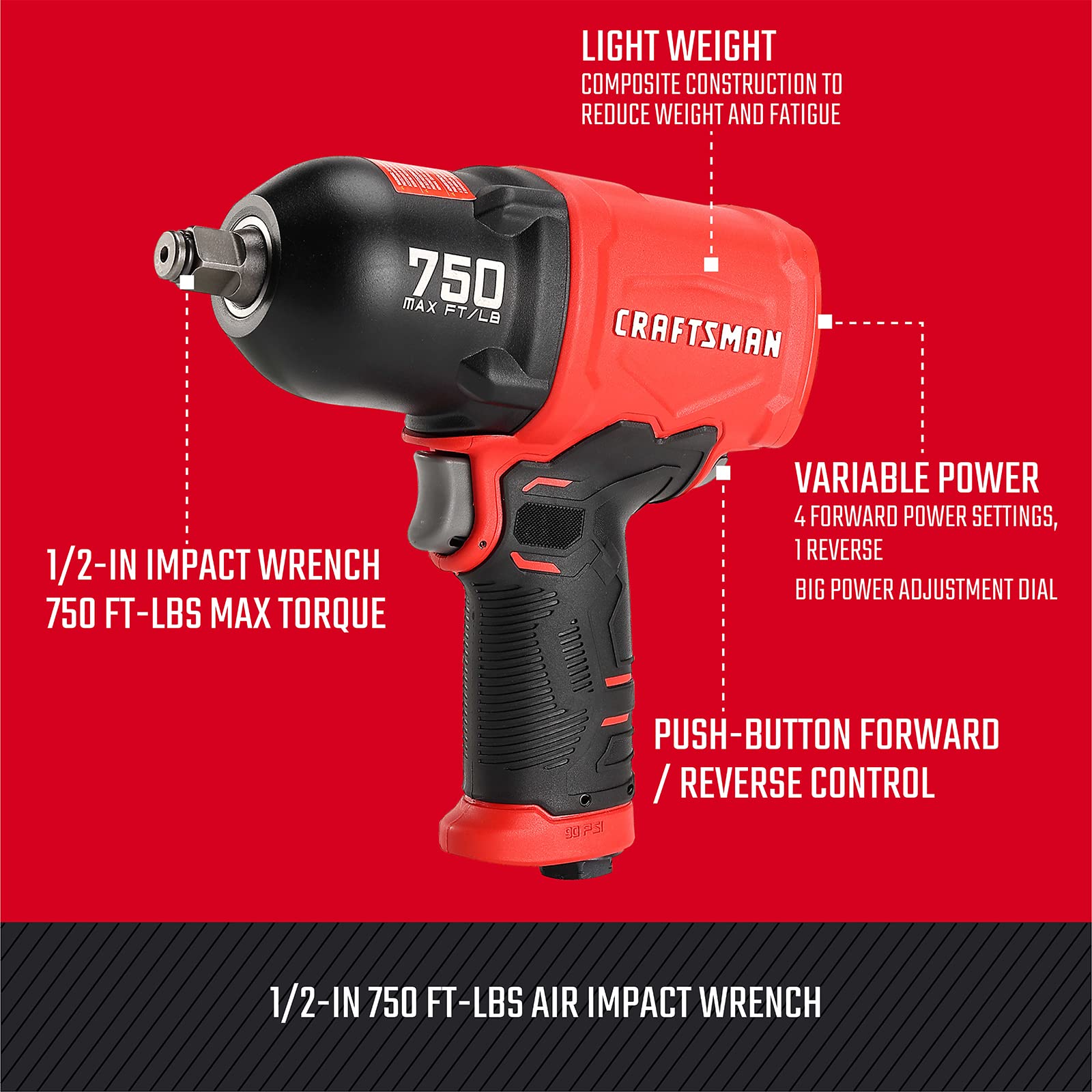 CRAFTSMAN 1/2-in 750 ft-lbs Air Impact Wrench, Composite Body, Variable Power Settings, 1/4-in NPT Air Inlet