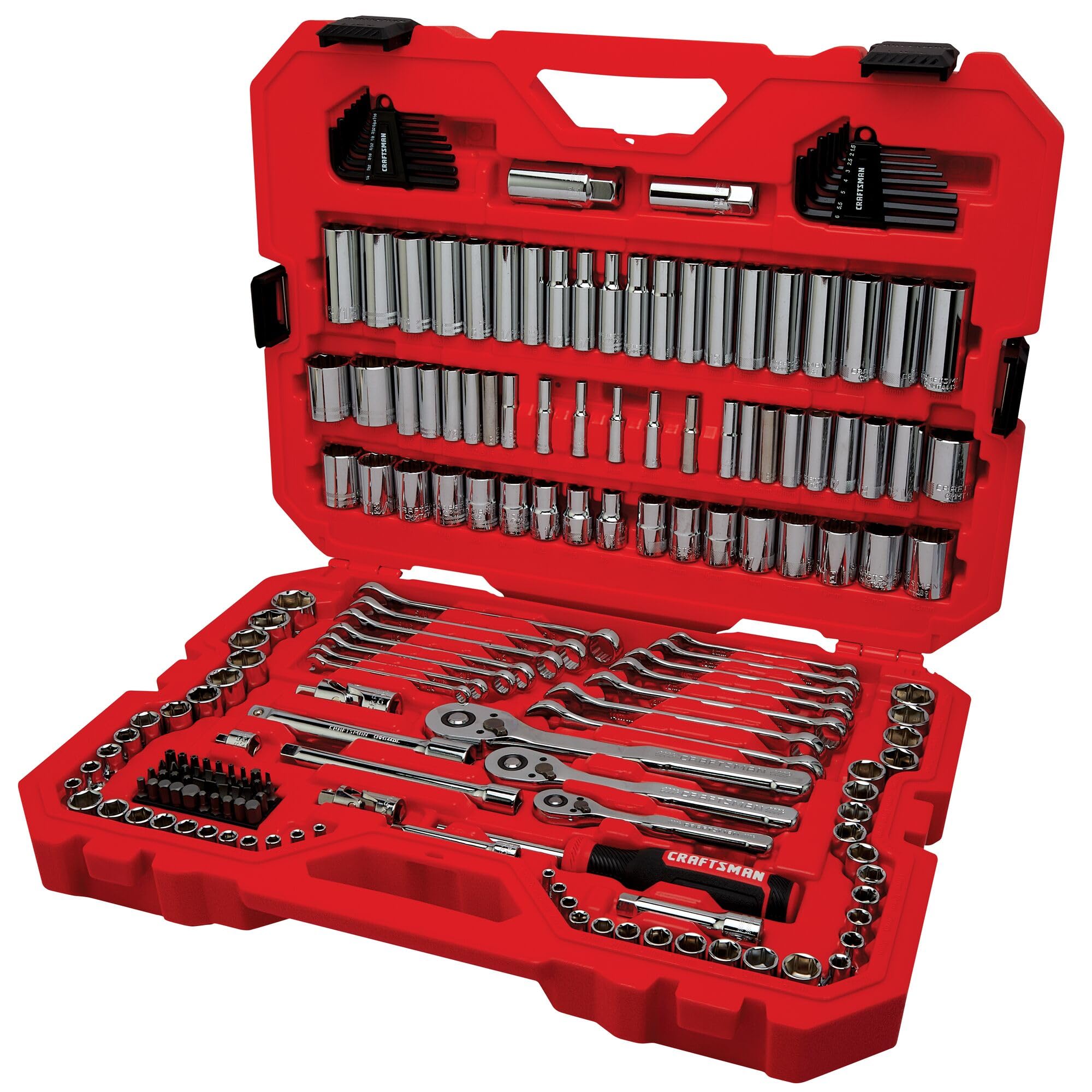 CRAFTSMAN Tool Set, 189 Piece Mechanics Tool Set, 1/4 ,3/8and 1/2 Inch Drive Socket Wrench Set with Thinner Ratchet, Steel 6 and 12point Sockets, Wrenches, Hex Keys and Specialty Bits (CMMT12134)