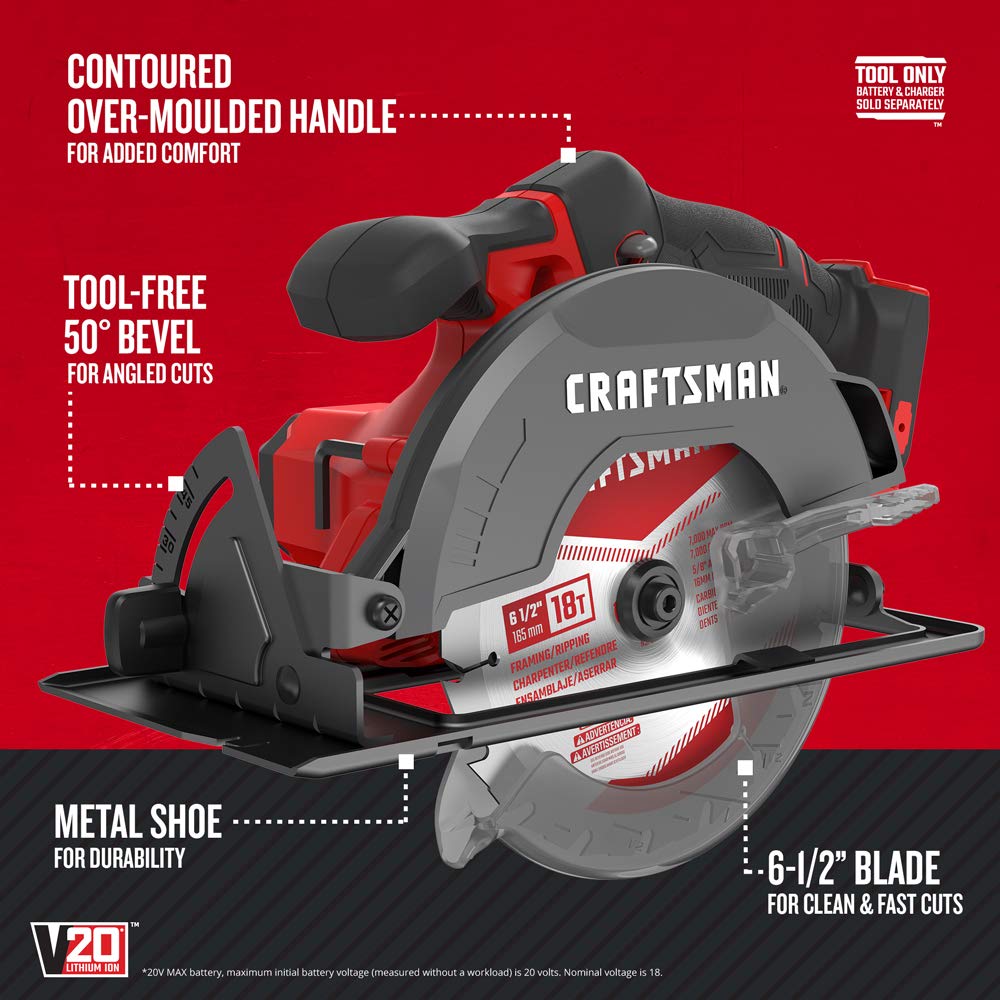 CRAFTSMAN V20 Cordless Circular Saw, 6-1/2 inch, Bare Tool Only (CMCS500B)