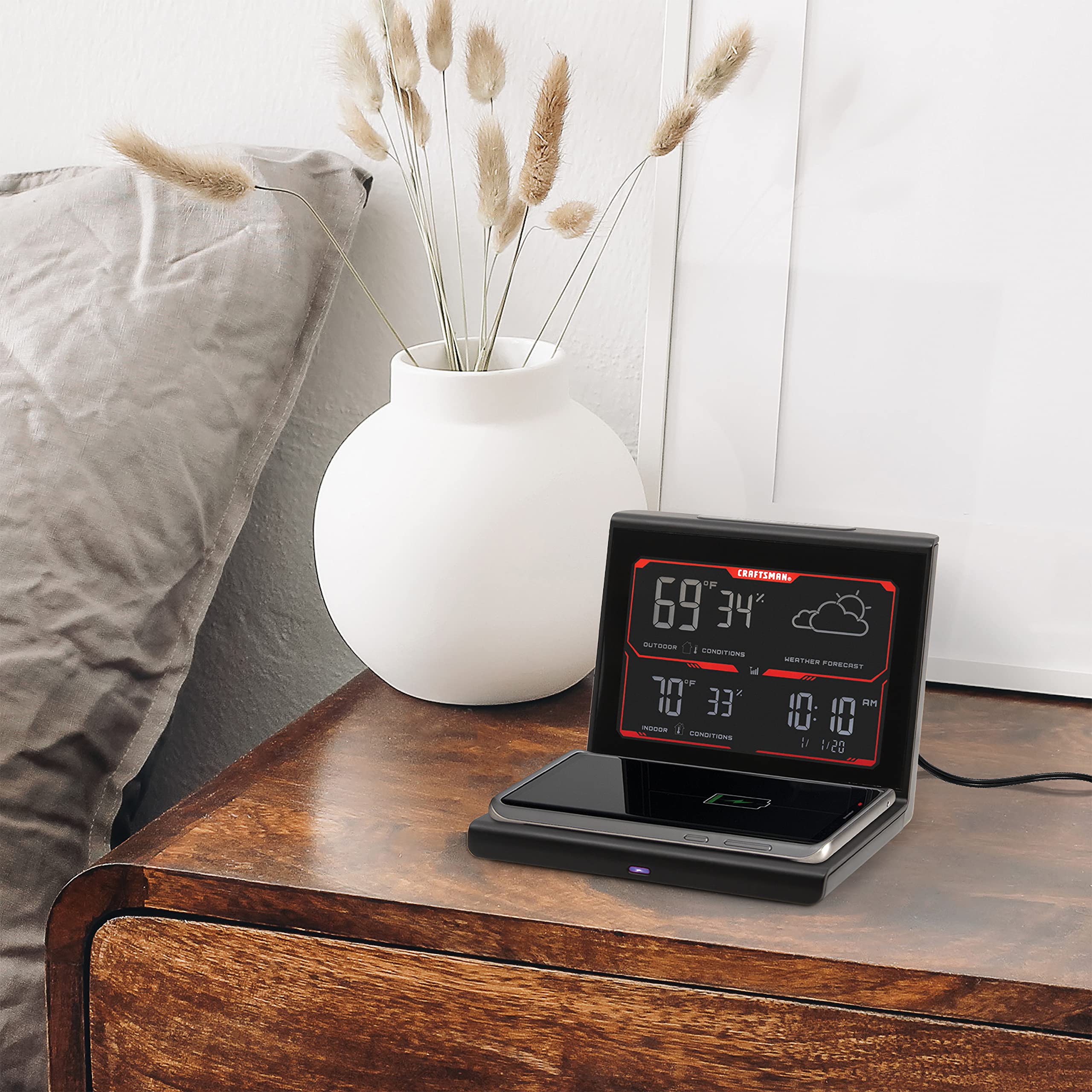 CRAFTSMAN Weather Forecaster with Wireless Charging Pad, Alarm Clock, and Indoor/Outdoor Thermometer (CMXWDCR01195)