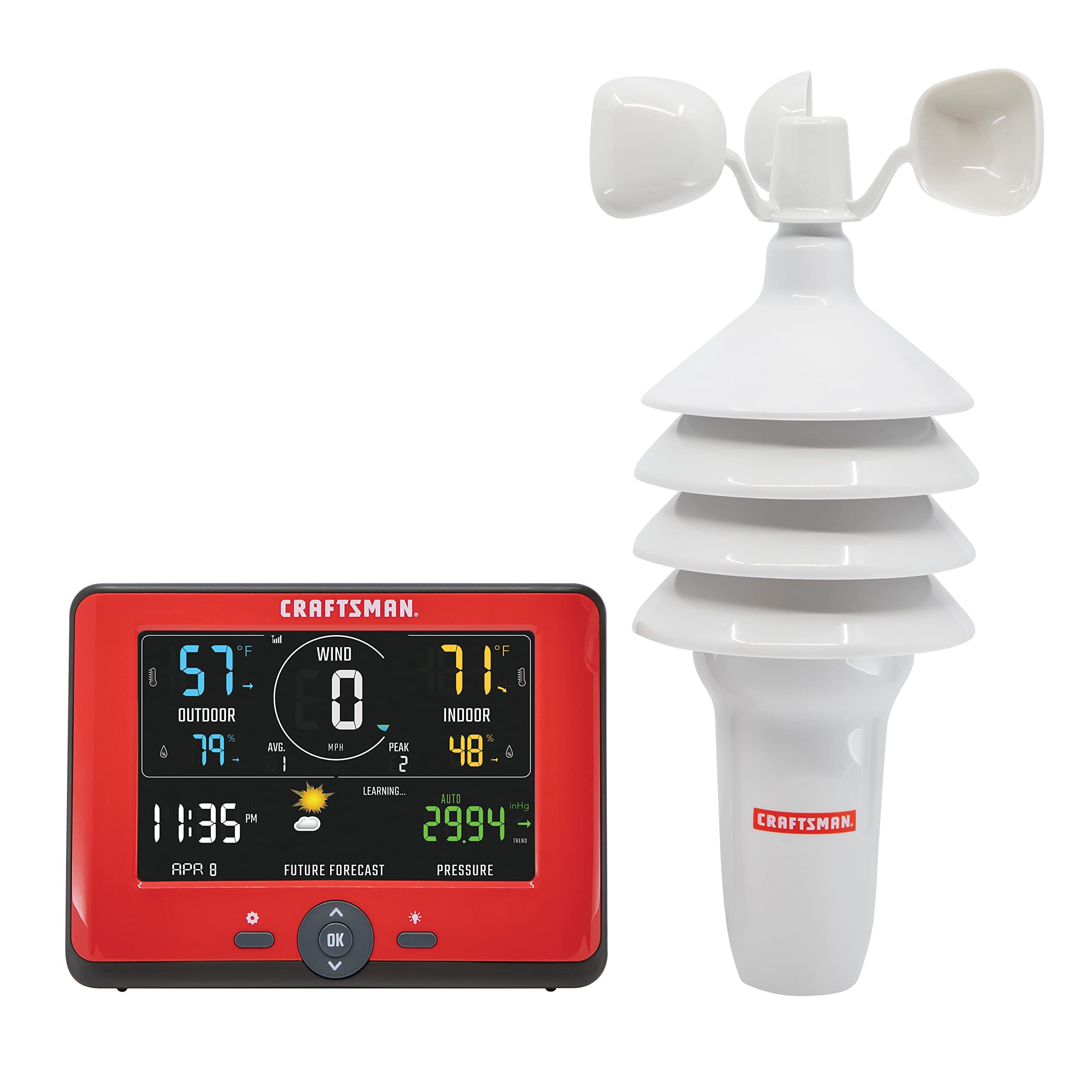 Craftsman Personal Weather Station with Indoor/Outdoor Temperature and Humidity Readings, Wind Speed Measurement, Hyperlocal Forecasting, Backlit Color Display, and Built-in Barometer (CMXWDCR01543)