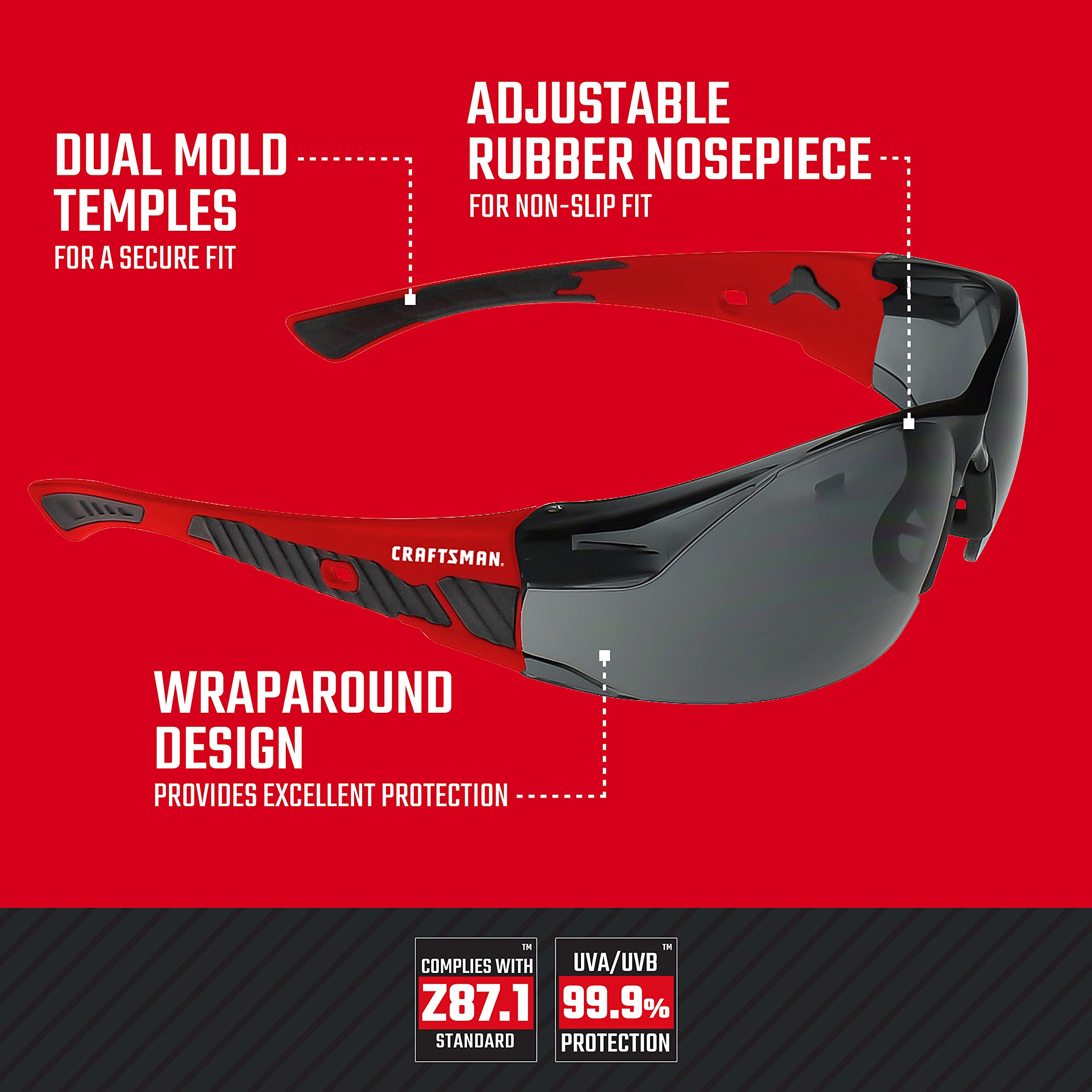 Craftsman 200, Safety Glass, Comfort Fit – Smoke, Red Frame