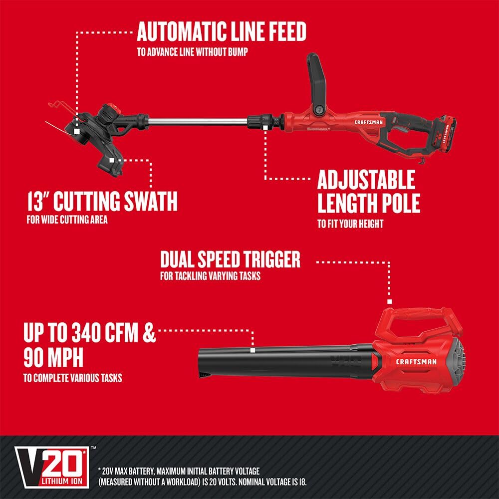 CRAFTSMAN V20 WEEDWACKER String Trimmer & Blower Combo Kit (2.0Ah) (CMCK197D1)