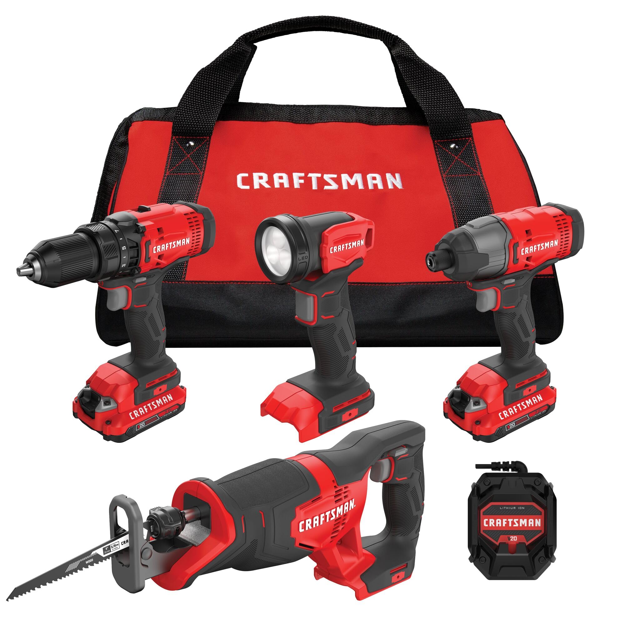 CRAFTSMAN V20 Cordless 4-Tool Power Tool Combo Kit with 2 Batteries and Charger (CMCK400D2)
