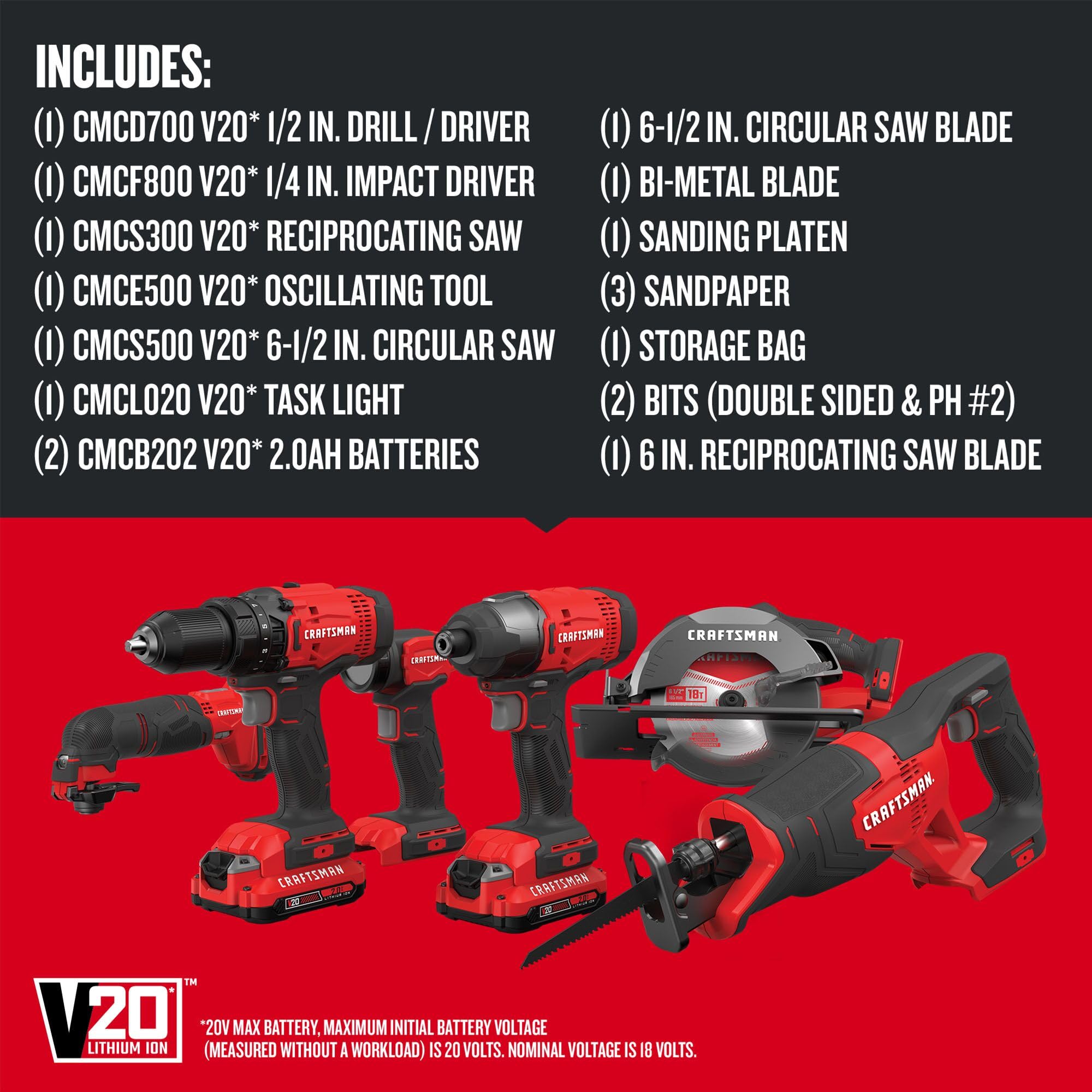 CRAFTSMAN V20 Cordless 6-Tool Power Tool Combo Kit with 2 Batteries and Charger (CMCK600D2)