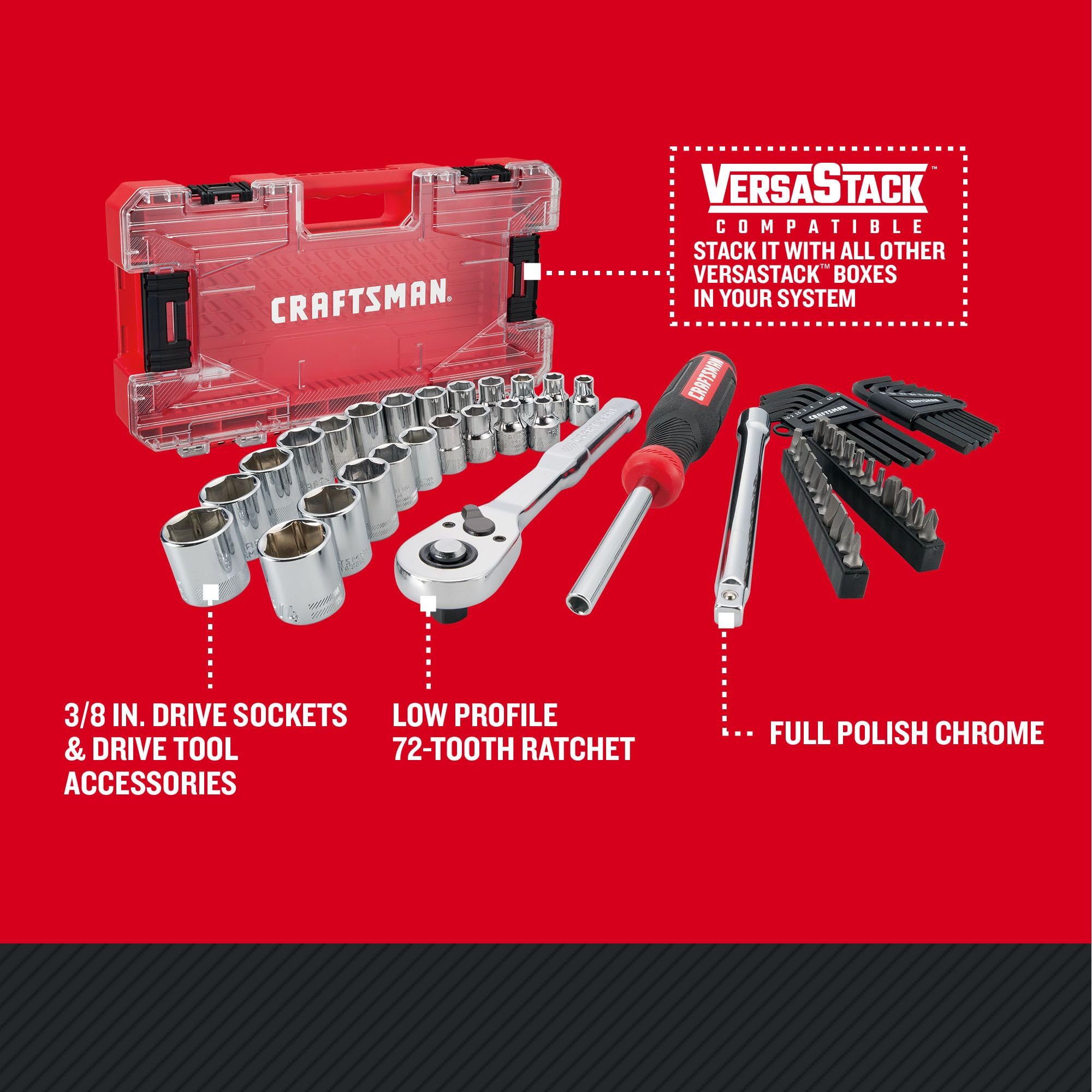 CRAFTSMAN VERSASTACK 63 Piece Mechanics Tool Set with Hard Case, 3/8 Inch Drive (CMMT45163)