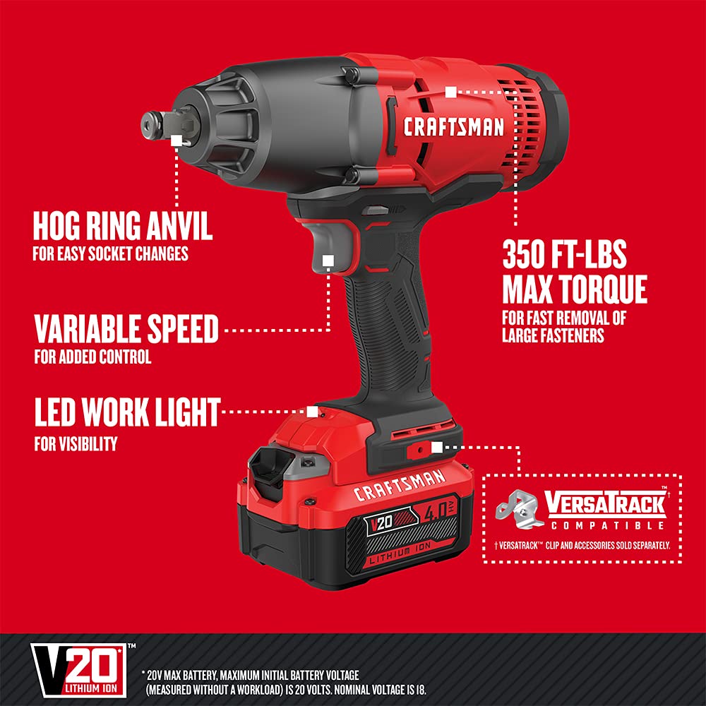 CRAFTSMAN V20 RP 1/2 inch Cordless Impact Wrench Kit, Brushless, 4Ah Battery and Charger Included (CMCF900M1)