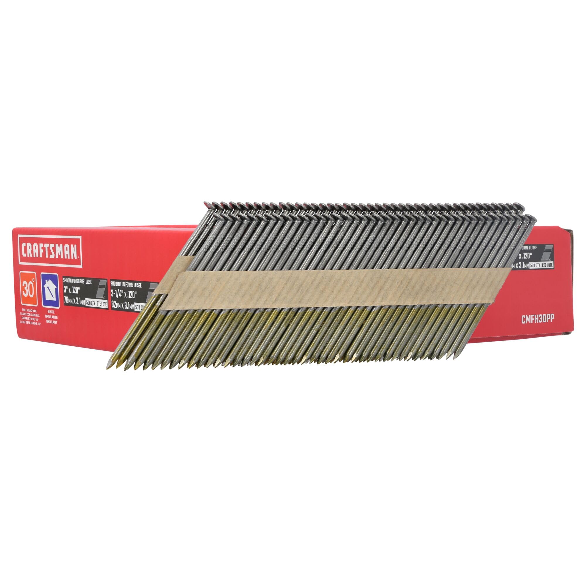 CRAFTSMAN Framing Nails Paper Collated Smooth 30 Degree, 3-1/4 inch x 0.12 inch and 3 in x 0.12 inch, 500 Qty Each (CMFH30PP)