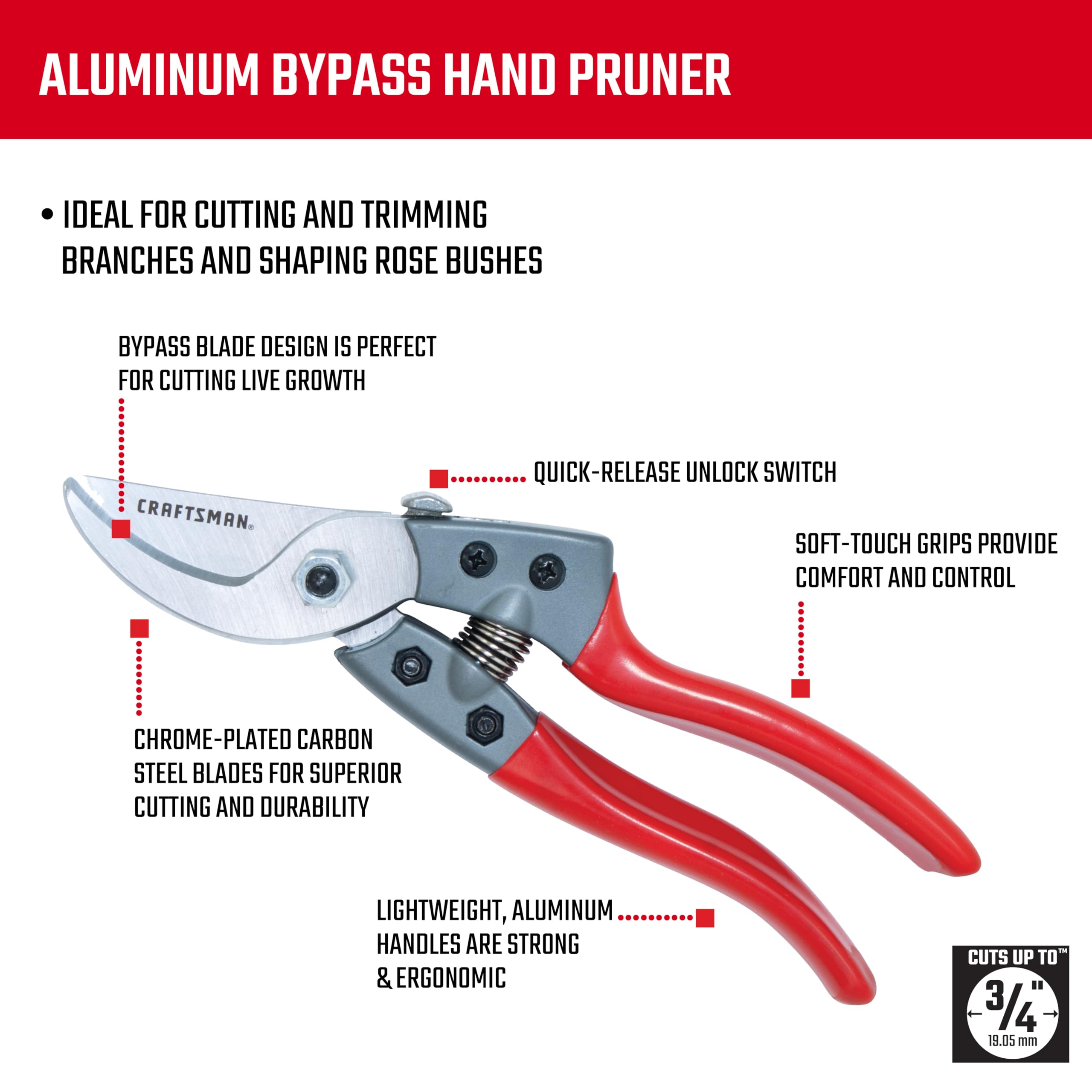 Craftsman 3/4-in. Manual Aluminum Bypass Hand Pruner for Cutting, Trimming Branches, Shaping Rose Bushes
