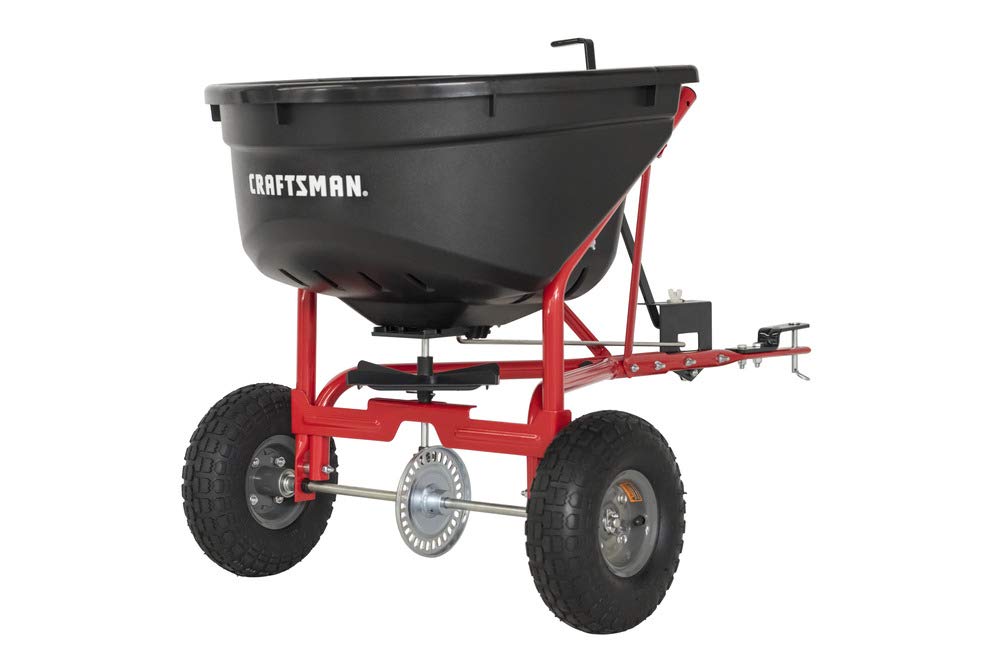 Craftsman CMXGZBF7124571, 110lb Capacity Tow-Behind Lawn Broadcast Spreader, Approximately Coverage of 1/3rd Acre (17,500 sq. ft.), 10-Ft Spread Width, Steel Rod Flow Control, Universal Hitch