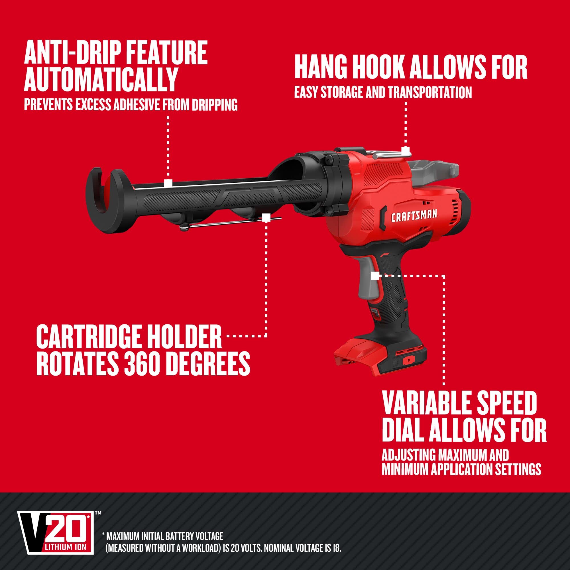 CRAFTSMAN V20 Caulk Gun, No Drip, Cordless, with anti-drip and variable speed, Tool Only (CMCE600B)