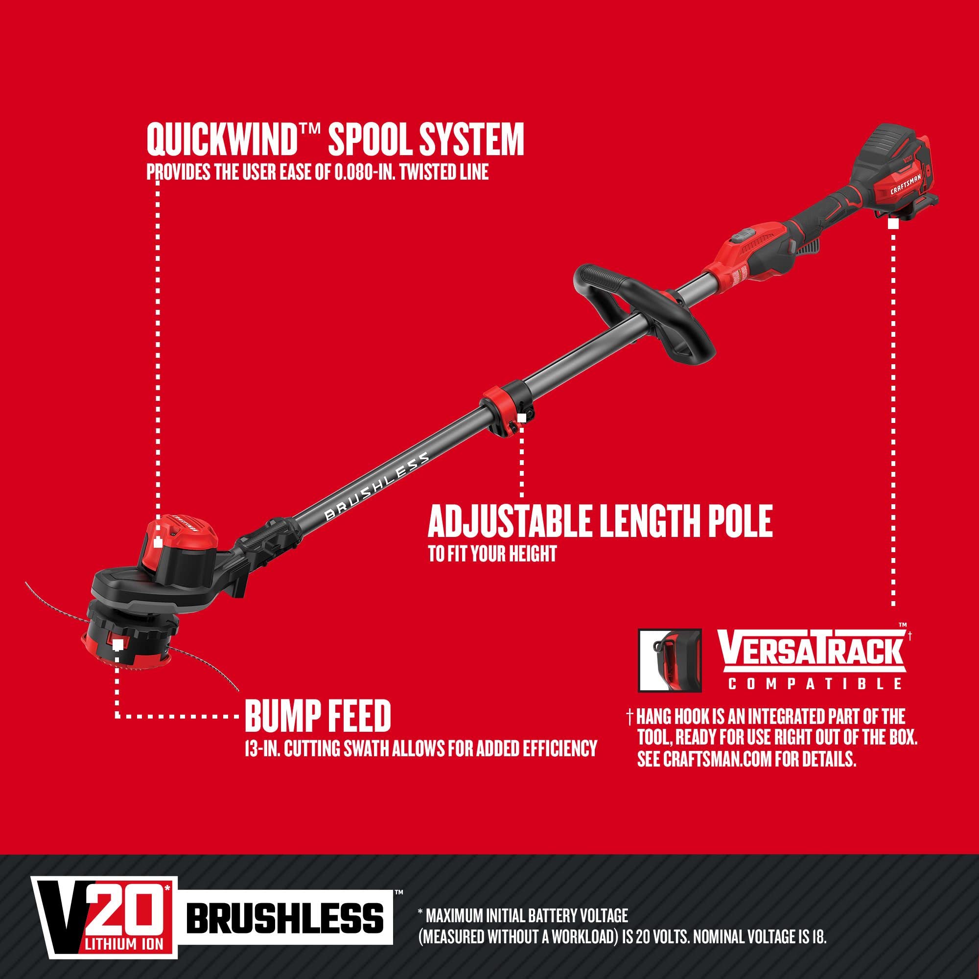 CRAFTSMAN V20 WEEDWACKER Cordless String Trimmer with QUICKWIND, 13 inch, Bare Tool Only (CMCST920B)