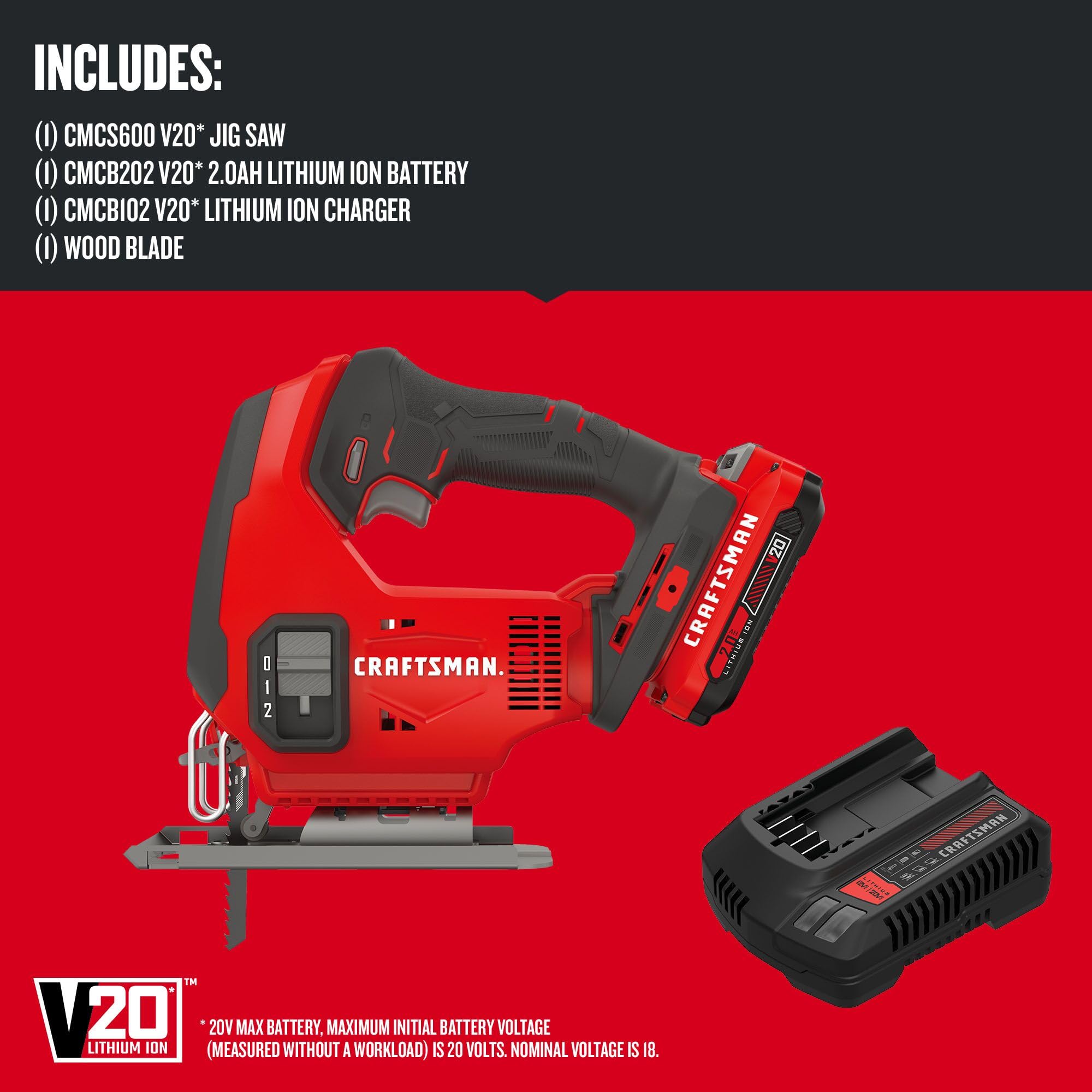 CRAFTSMAN V20 Cordless Jig Saw Kit, 3 Orbital Settings, Up to 2,500 SPM, Battery and Charger Included (CMCS600D1)