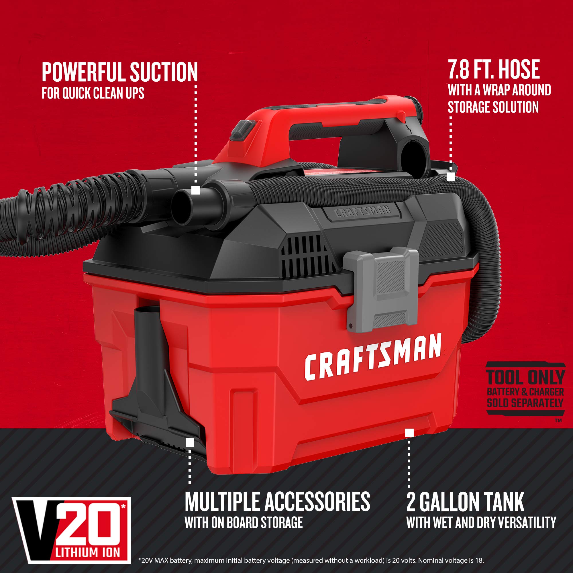 CRAFTSMAN V20 Cordless Vacuum Cleaner, Shop Vac Wet/Dry, 2 Gallon, 7ft Hose, Bare Tool Only (CMCV002B)
