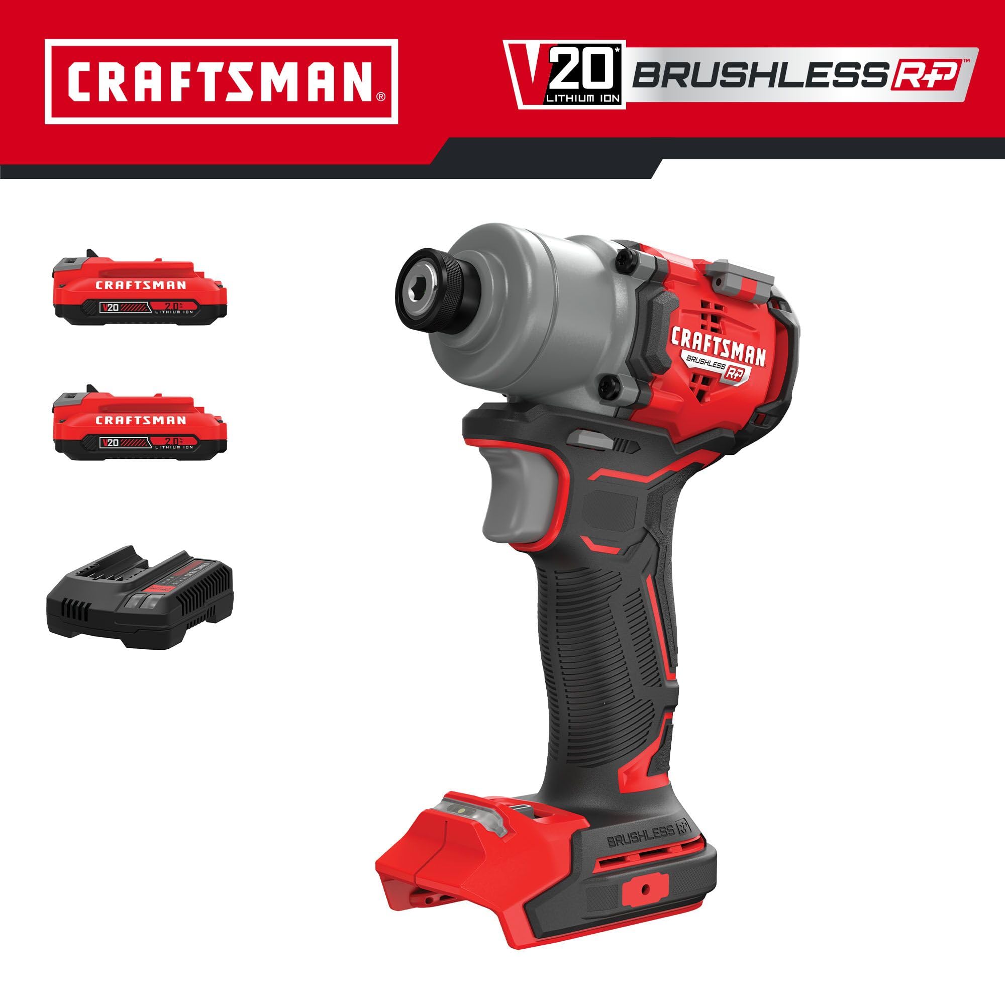 CRAFTSMAN V20 Cordless Brushless Impact Driver Set, 1/4 Impact Driver, Includes 2 Batteries and Charger (CMCF830D2)