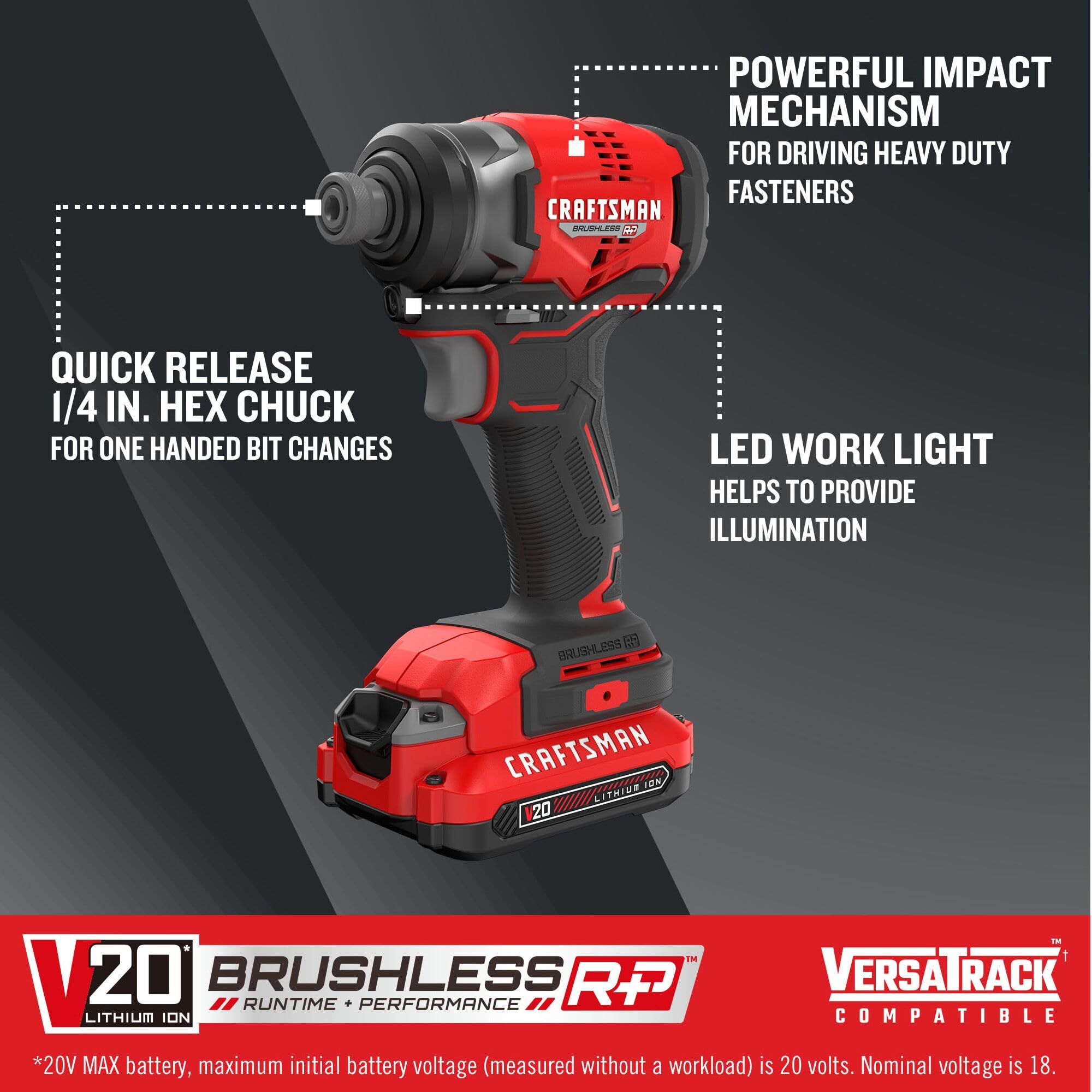 CRAFTSMAN V20 1/4 Inch Cordless Impact Driver Kit with Battery and Charger (CMCF813C1)
