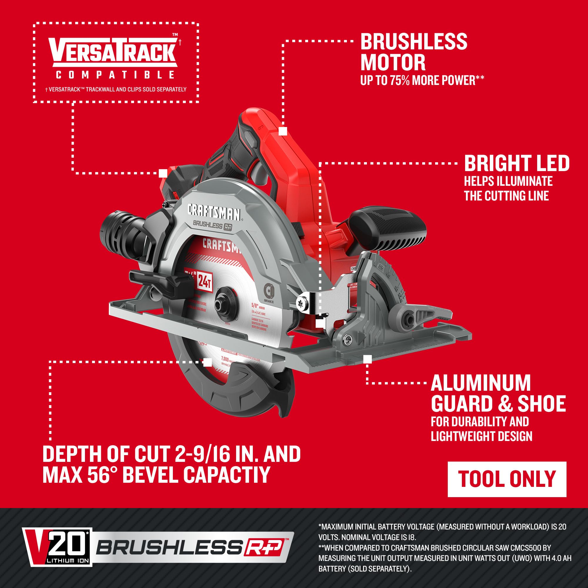 CRAFTSMAN V20 RP Cordless Circular Saw, 7-1/4 inch, Bare Tool Only (CMCS551B)