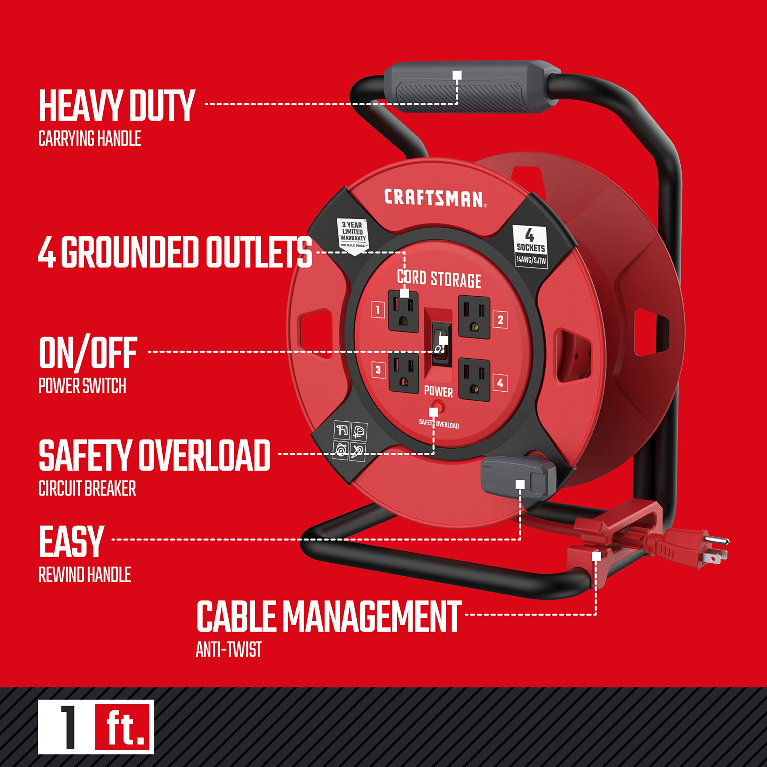 CRAFTSMAN Retractable Extension Cord Reel 1 Ft. with 4 Outlets, Cable Management & Heavy Duty 14AWG SJTW Cable