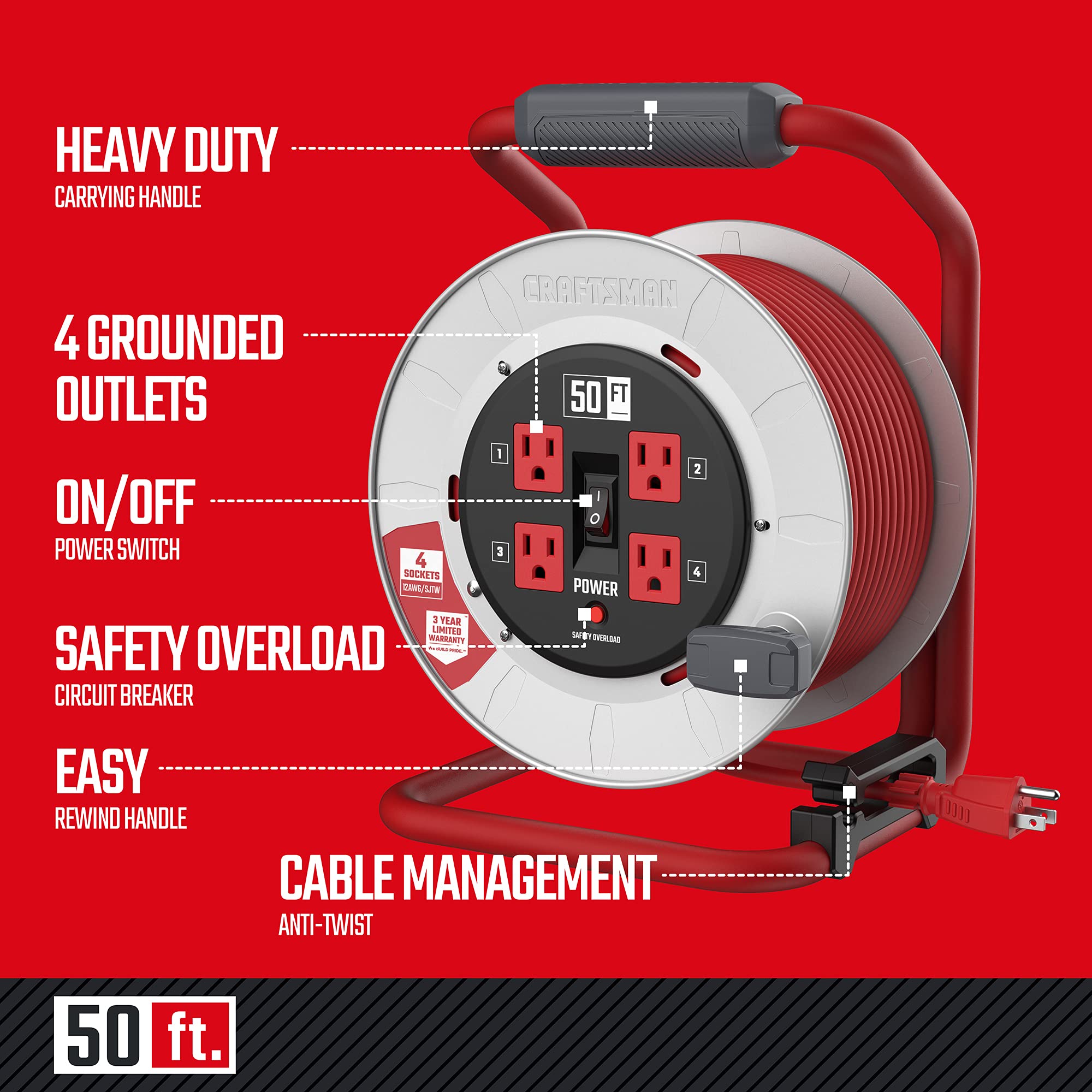 CRAFTSMAN 50 Ft. Contractor Edition Retractable Extension Cord Reel with 4 Outlets & Heavy Duty 12AWG SJTW Cable