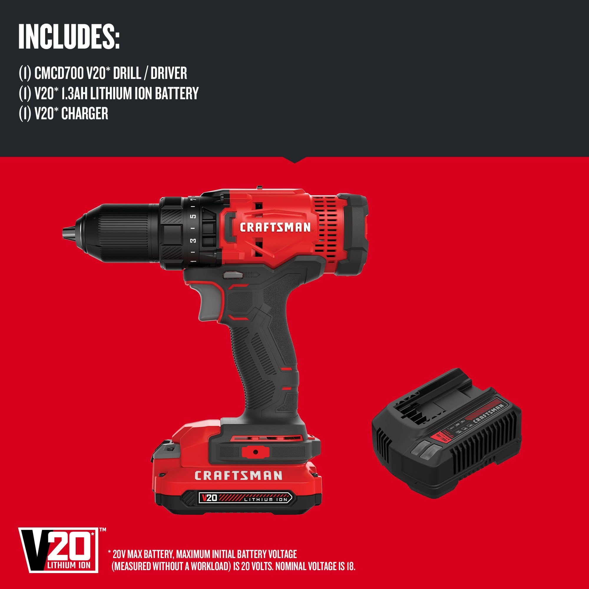 CRAFTSMAN V20 Cordless Drill/Driver Kit, 1/2 inch, Battery and Charger Included (CMCD700C1)