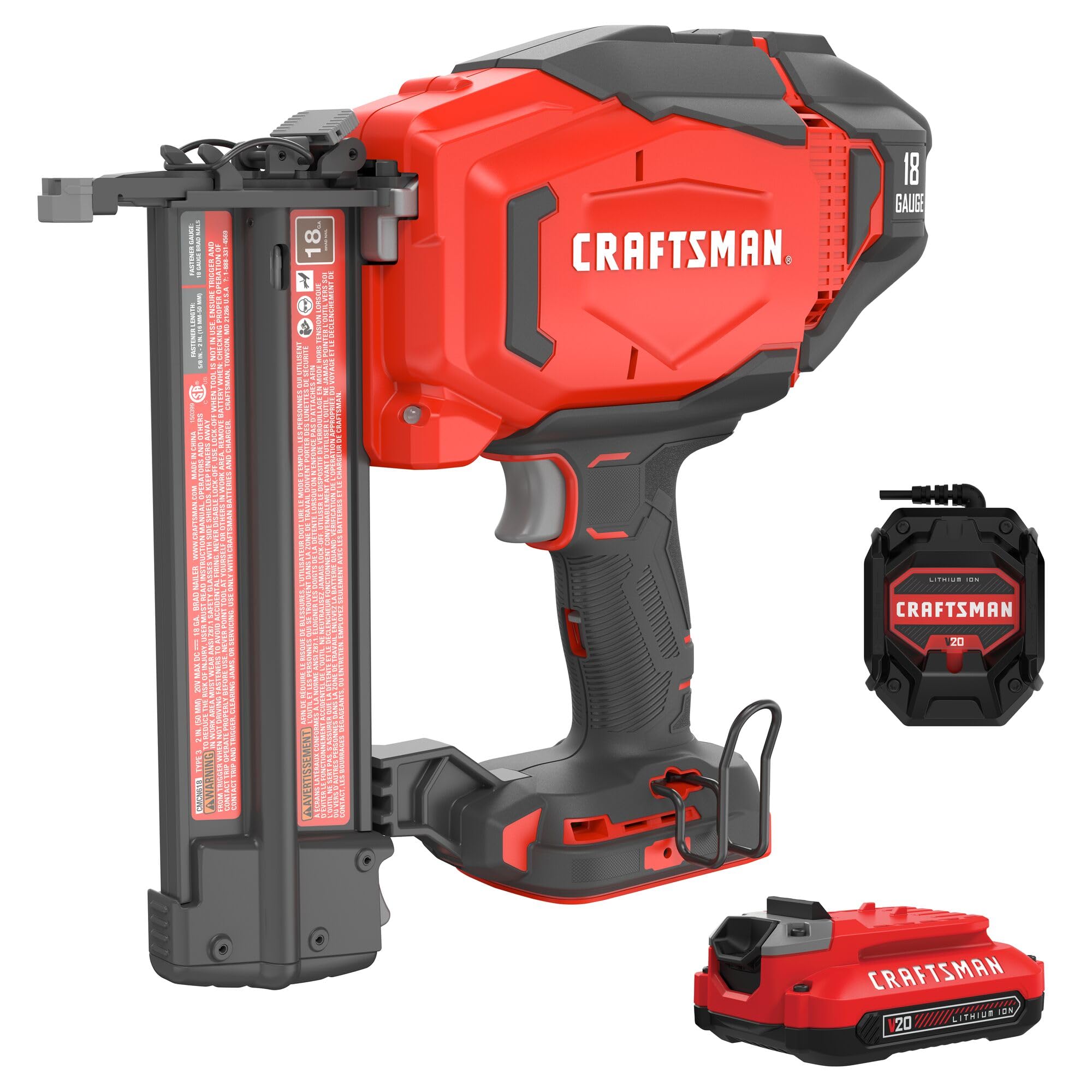 CRAFTSMAN V20 Cordless Brad Nailer, 18 Gauge Nail Gun, with Battery and Charger (CMCN618C1)